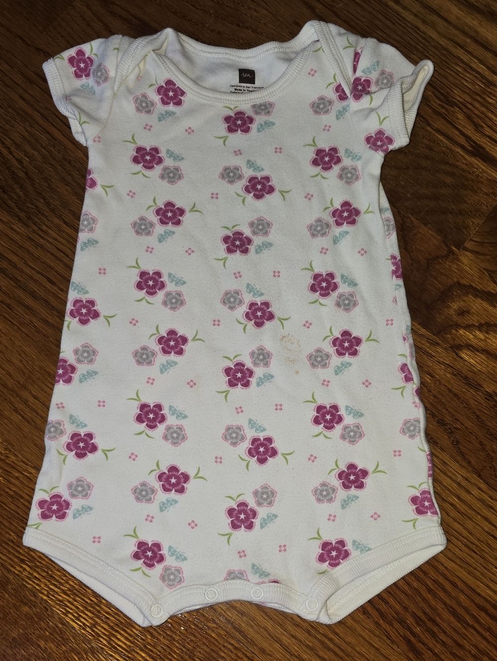 Tea Collection White Baby Onesie with Pink & Gray Floral Print